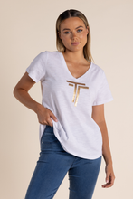 Load image into Gallery viewer, Two T&#39;s Logo Sequin V Neck T-Shirt in White
