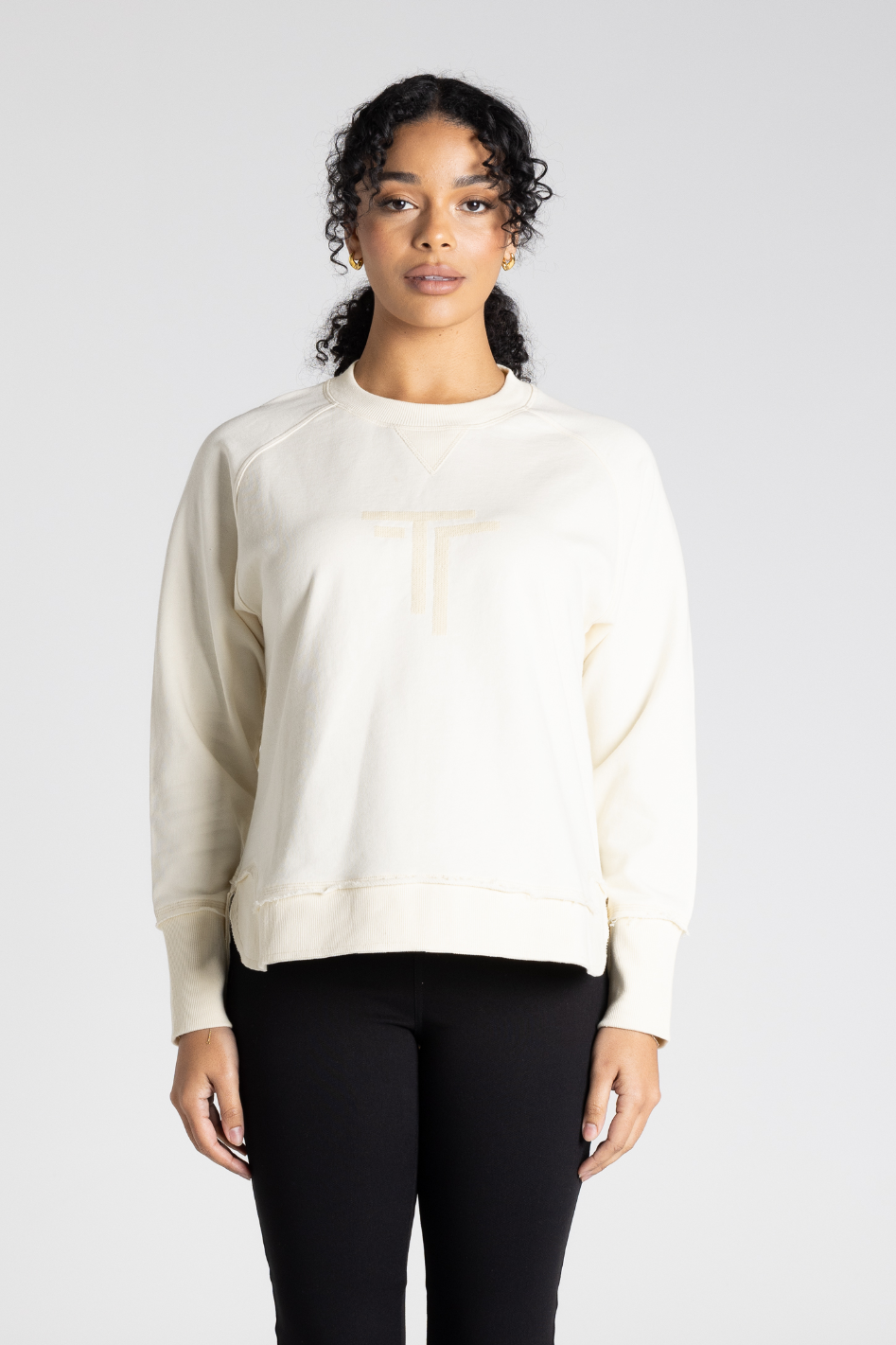 Two T's Raw Edge Sweat with Logo Sequin | Ivory | 3342