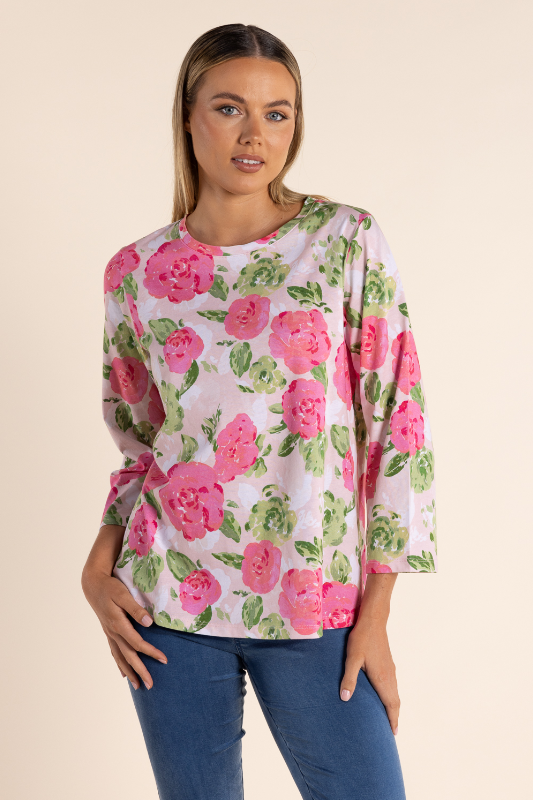 Two T's Rose Print Jersey 7/8 Sleeve Top