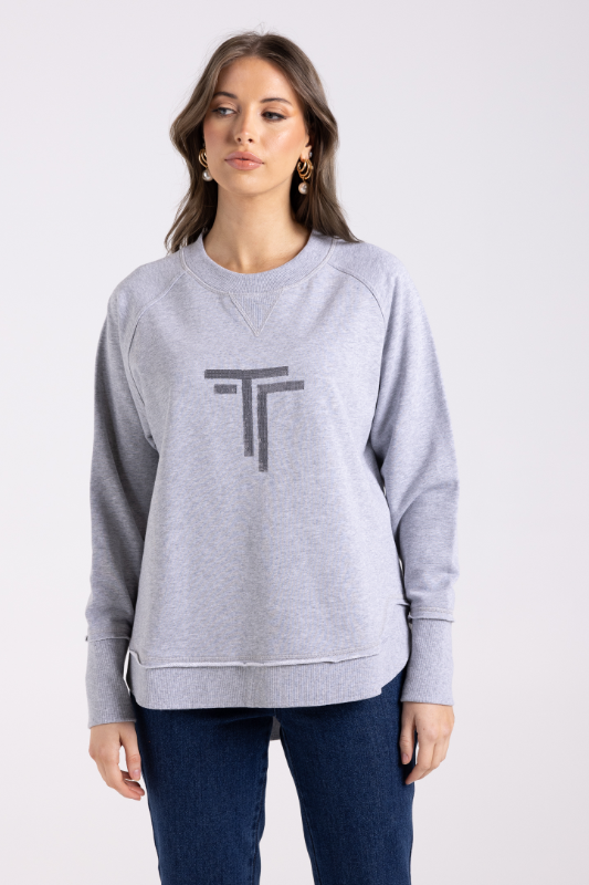Two T's Scoop Hem Sweat with Sequins | Grey Marle