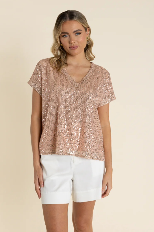 Two T's Sequin Dropped Shoulder Top | Gold