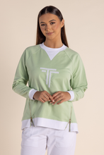 Load image into Gallery viewer, Two T&#39;s Sequin Logo Sweat with Zips in Soft Green and White
