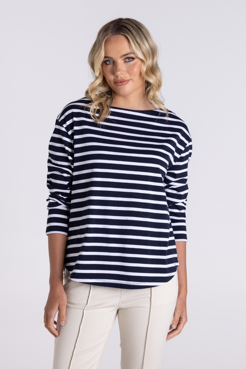 Two T's Stripe Boat Neck with 7/8 Sleeve in Navy/White