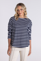 Two T's Stripe Boat Neck with 7/8 Sleeve in Navy/White