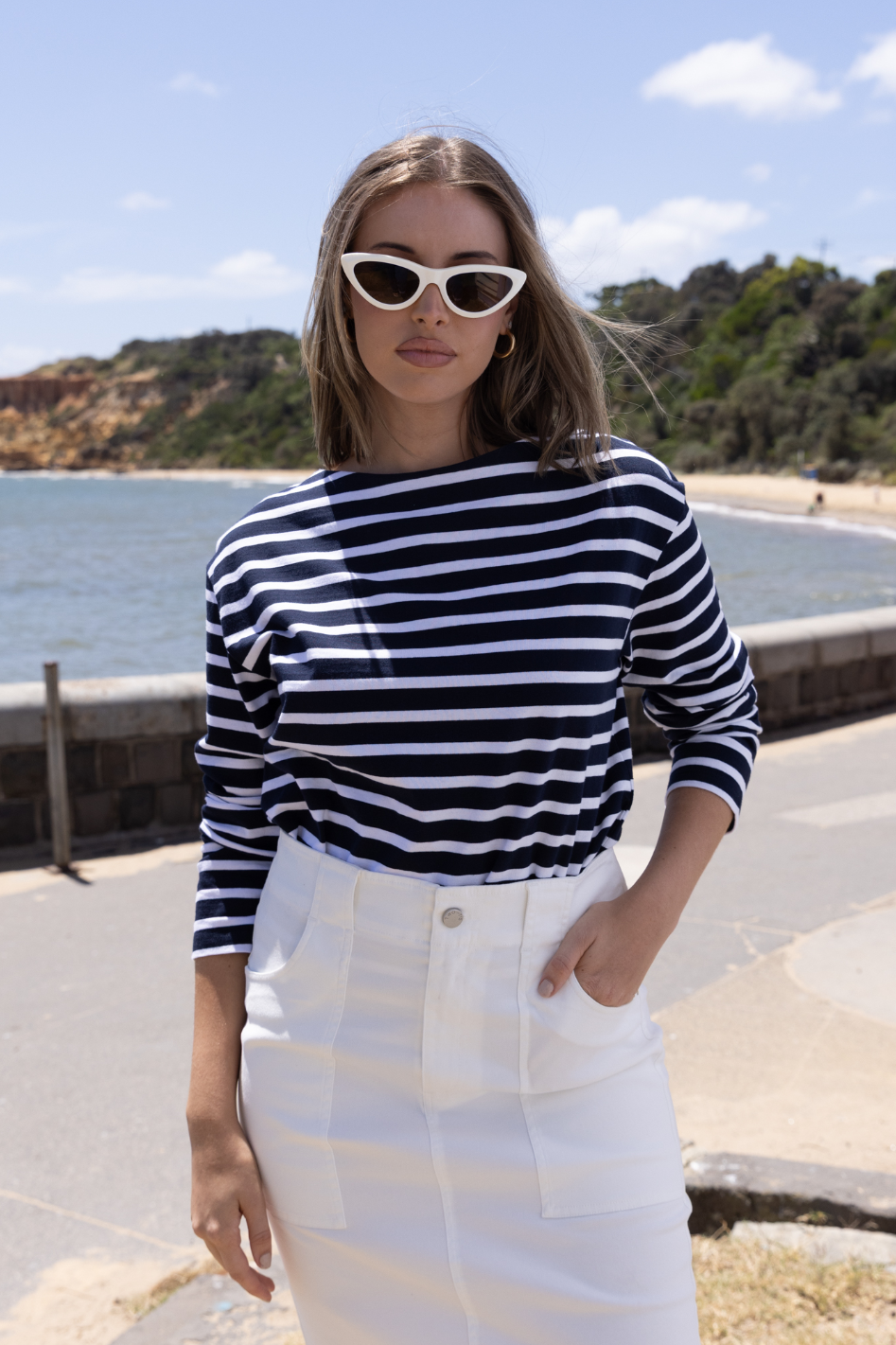 Two T's Stripe Boat Neck with 7/8 Sleeve in Navy/White