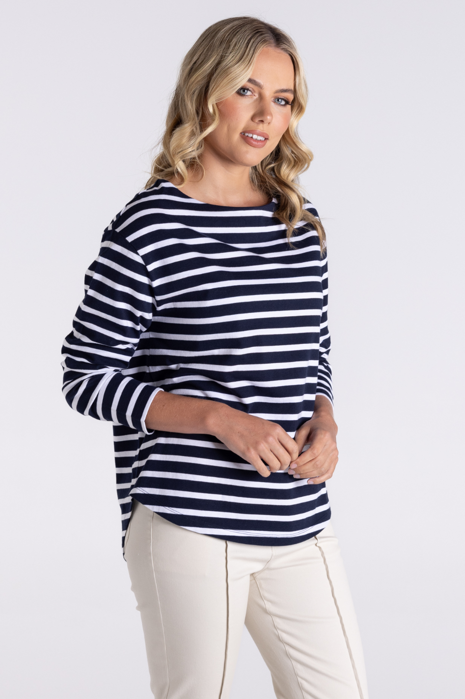 Two T's Stripe Boat Neck with 7/8 Sleeve in Navy/White