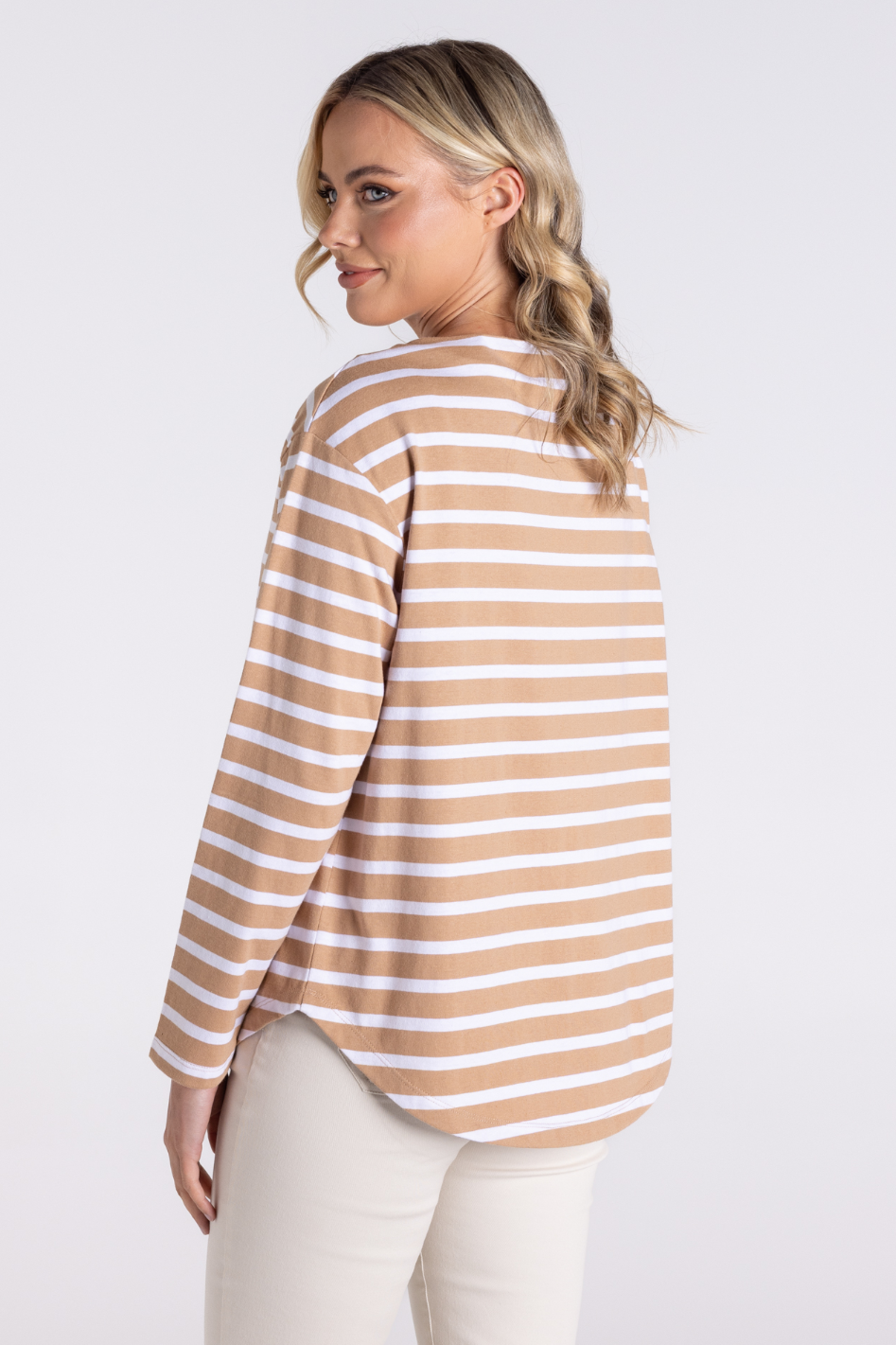 Two T's Stripe Boat Neck with 7/8 Sleeve in Sand/White 