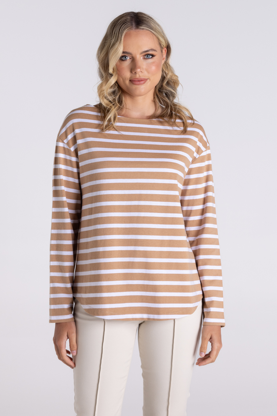 Two T's Stripe Boat Neck with 7/8 Sleeve in Sand/White 