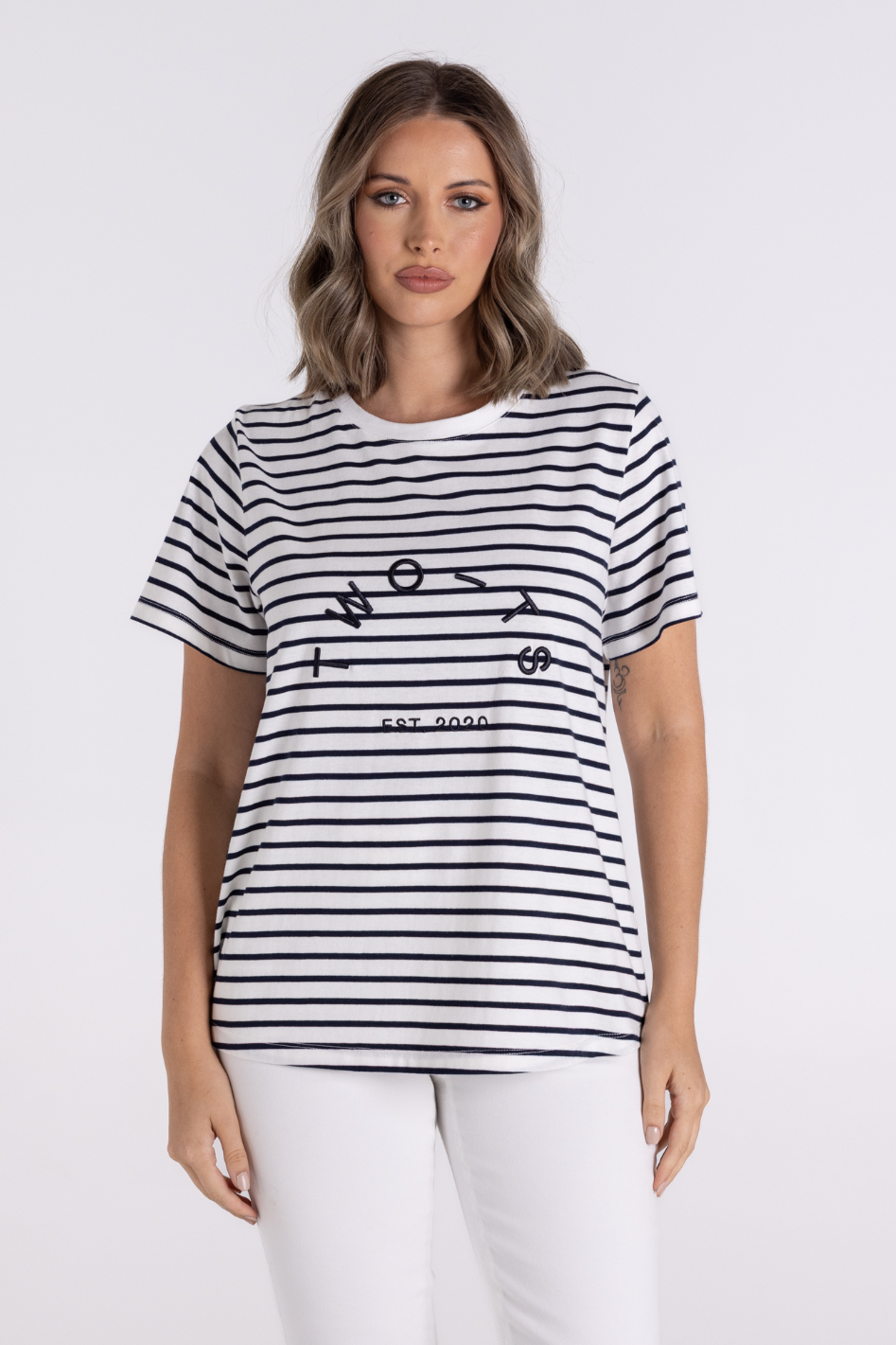 Two T's Stripe Short Sleeve Crew T-Shirt in Navy/White 