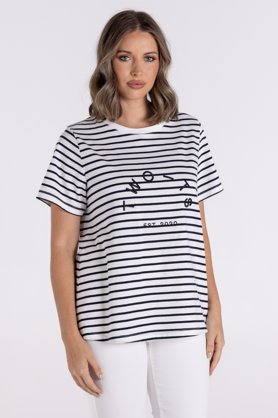 Two T's Stripe Short Sleeve Crew T-Shirt in Navy/White 