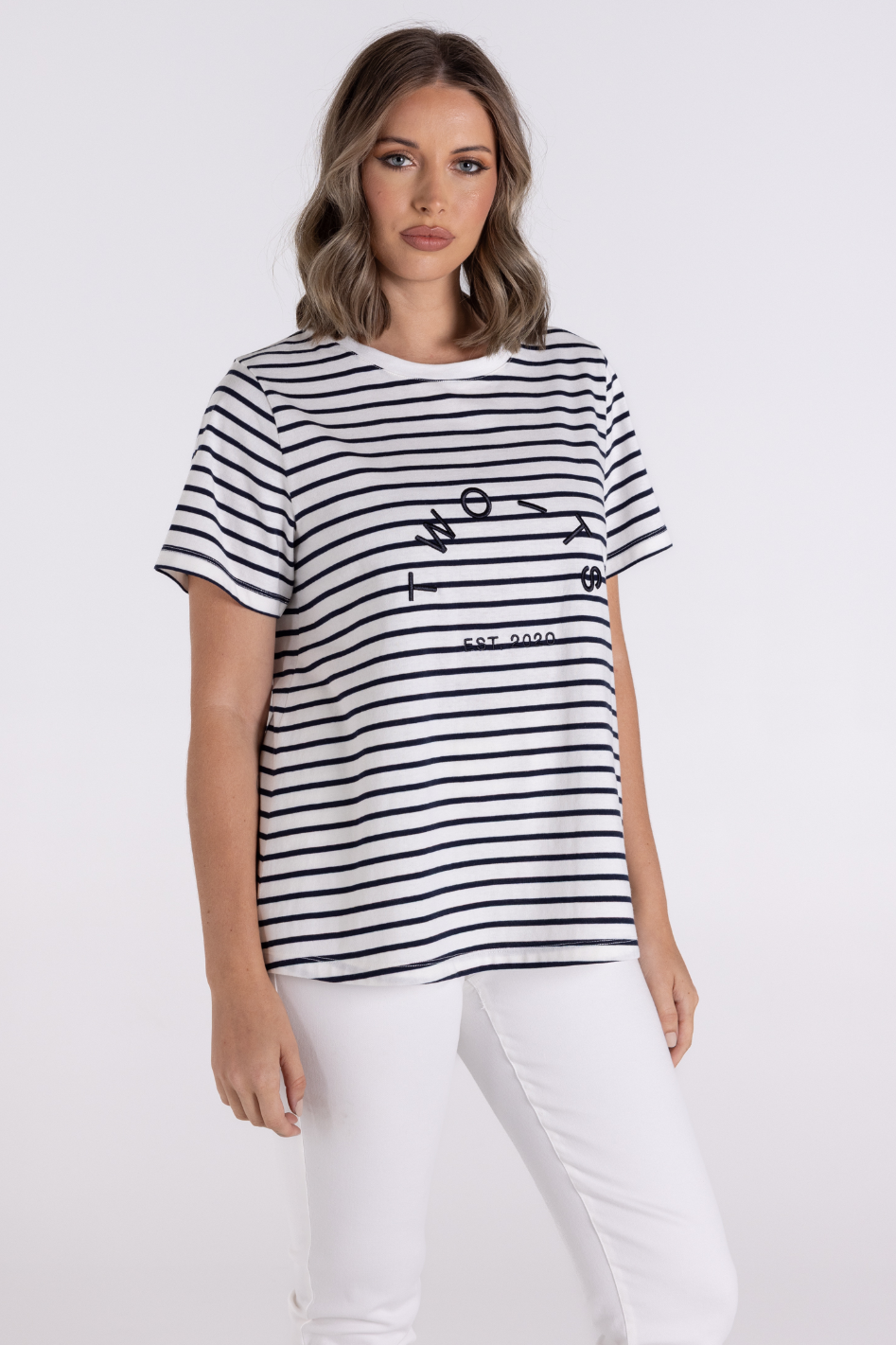 Two T's Stripe Short Sleeve Crew T-Shirt in Navy/White 