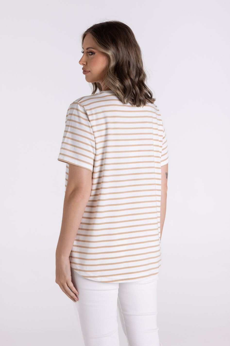 Two T's Stripe Short Sleeve Crew T-Shirt in Sand/White