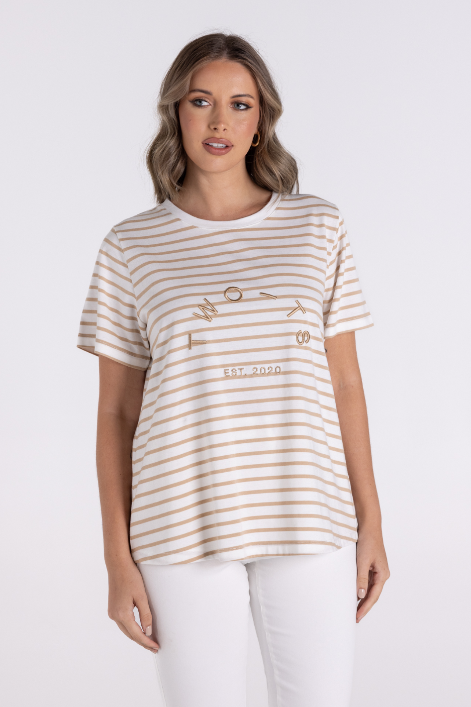 Two T's Stripe Short Sleeve Crew T-Shirt in Sand/White