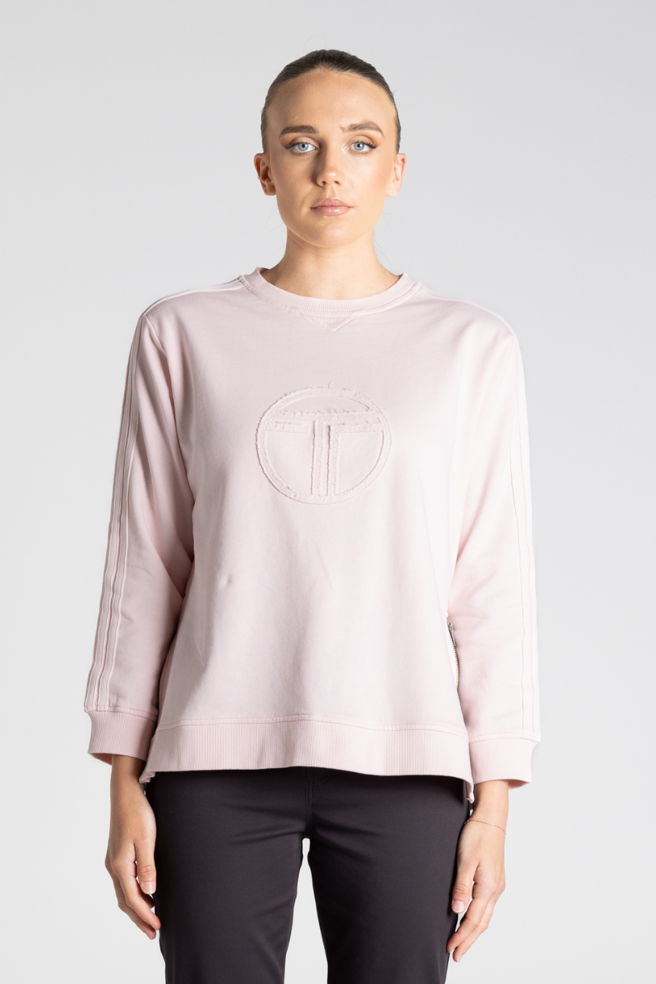 Two T's Sweat with Stripe Sleeve Trim in Pale Pink