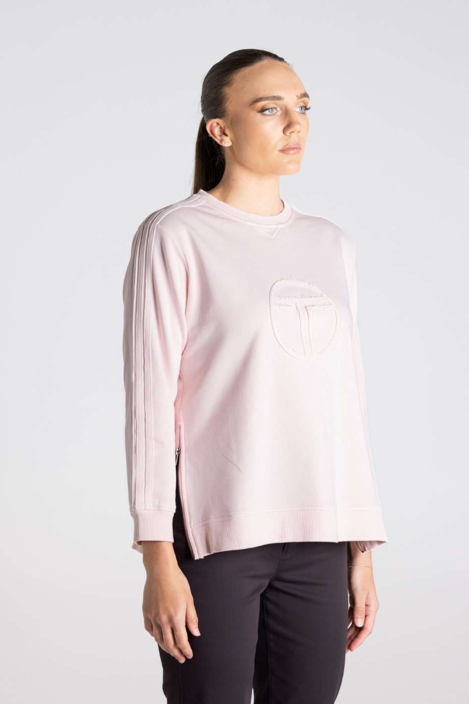 Two T's Sweat with Stripe Sleeve Trim in Pale Pink