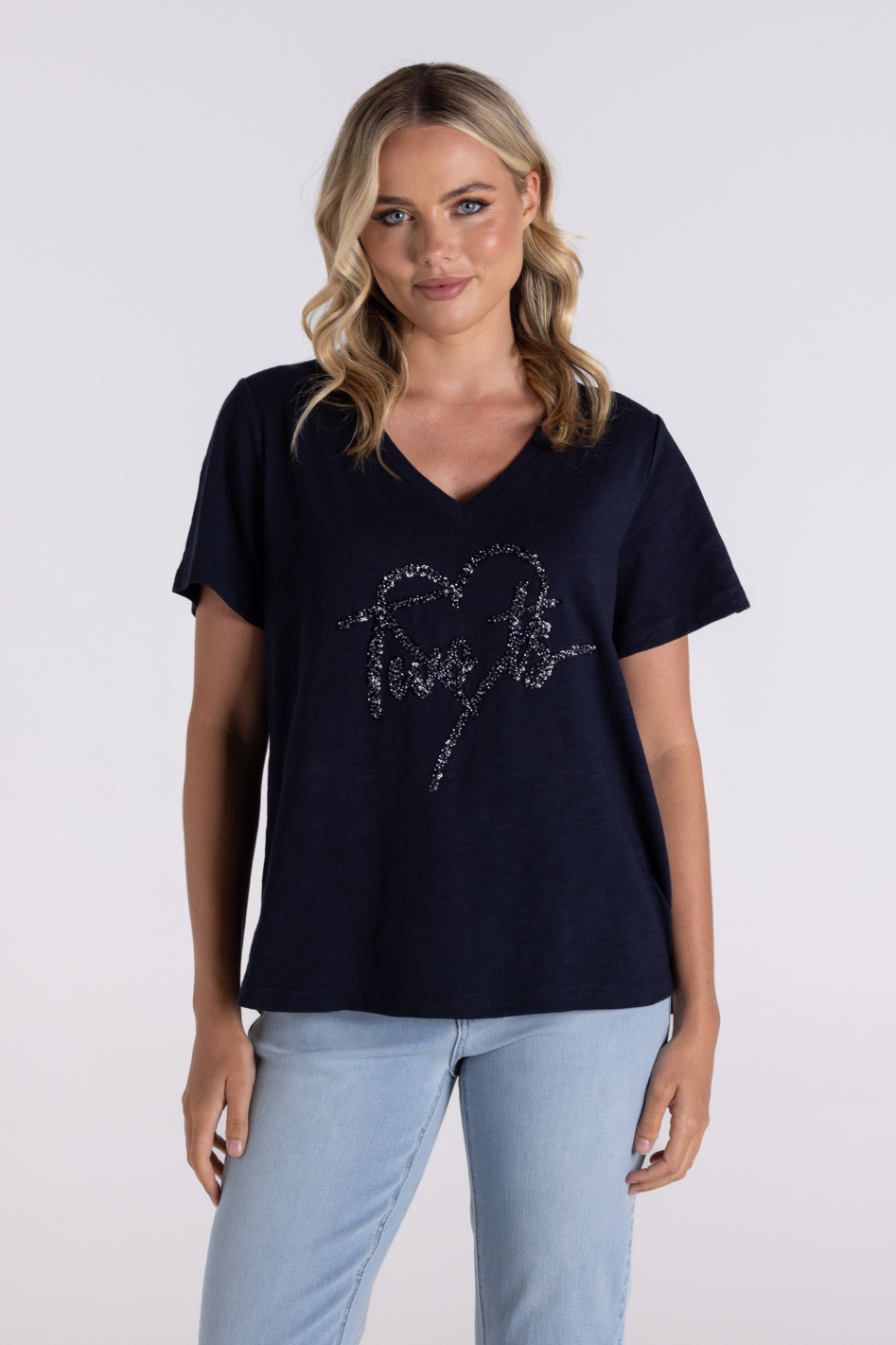 Two T's V-neck Sequin Heart Logo T-Shirt in Navy