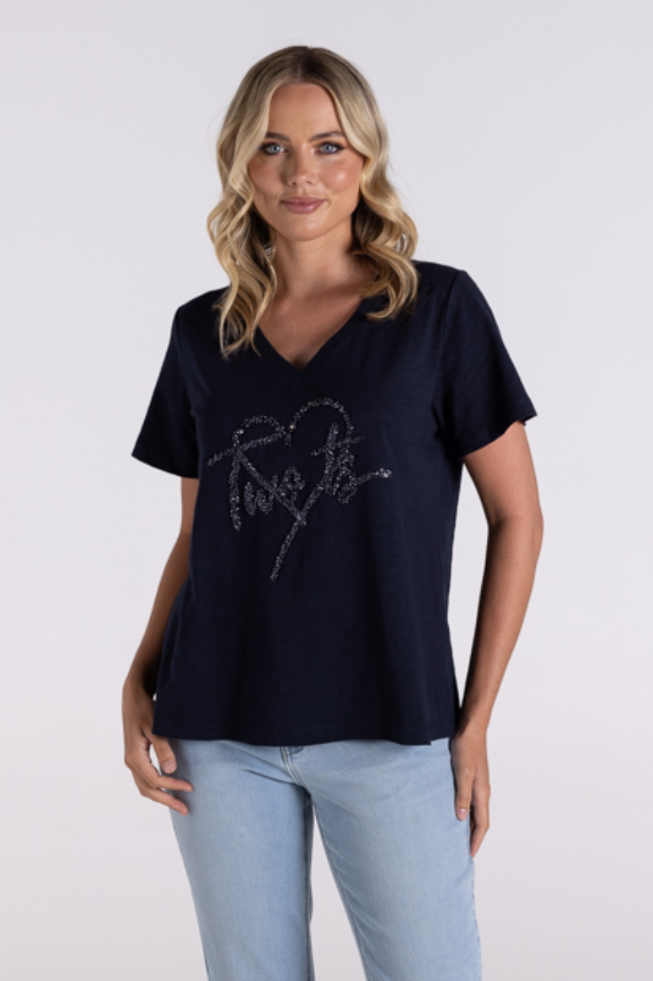 Two T's V-neck Sequin Heart Logo T-Shirt in Navy