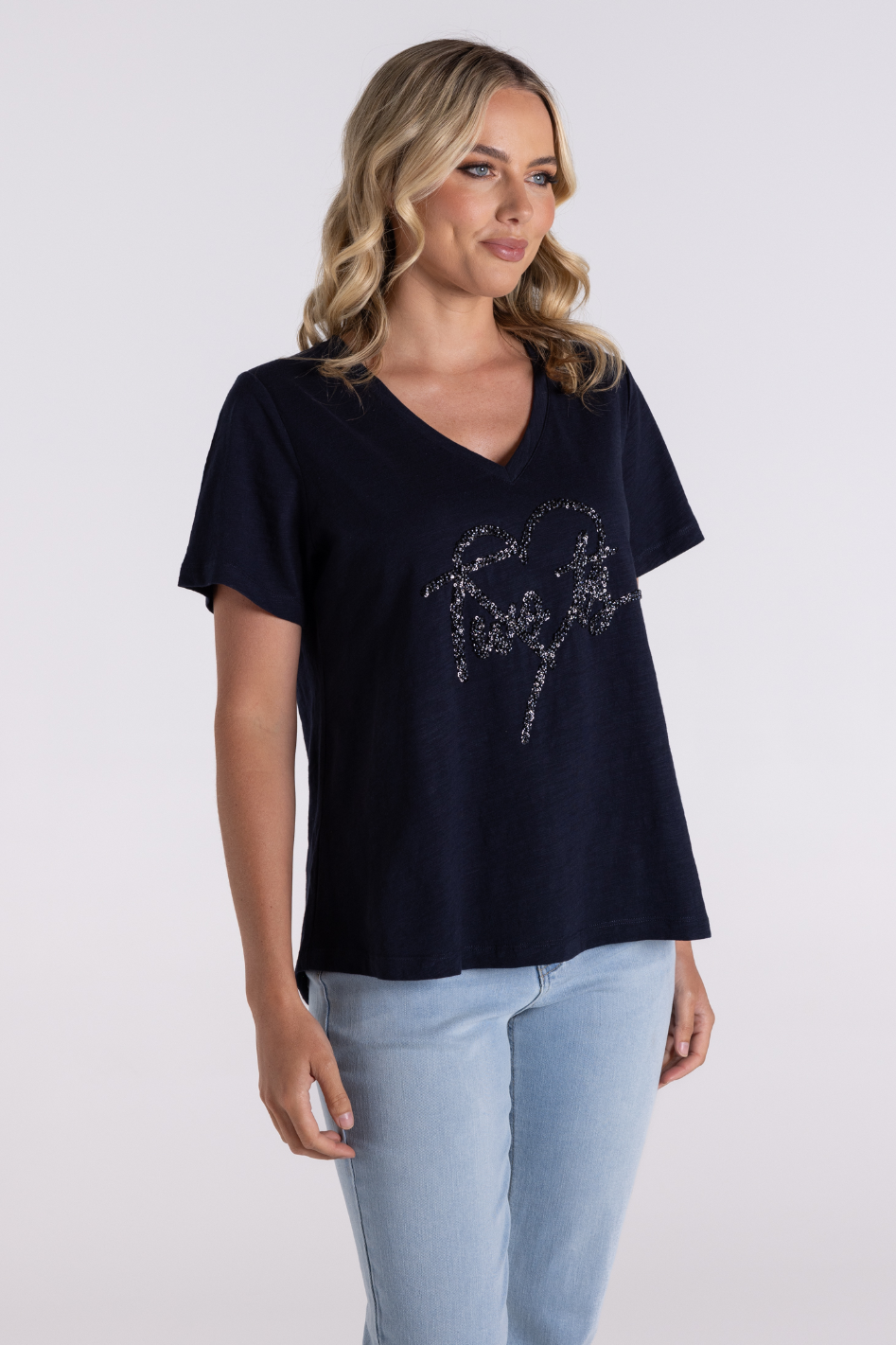 Two T's V-neck Sequin Heart Logo T-Shirt in Navy