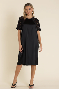 Two T's Satin Dress with Lace Sleeve | Black