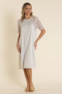 Two T's Satin Dress with Lace Sleeve | Oyster