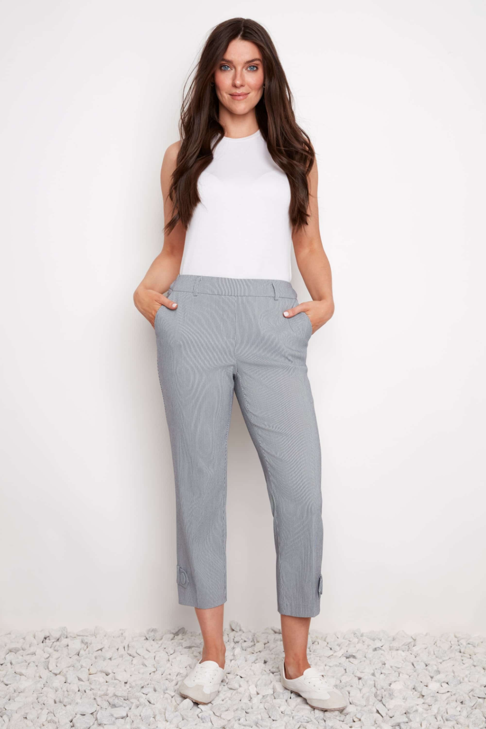 Up! Slim Leg Crop Pant in Navy and White Stripe