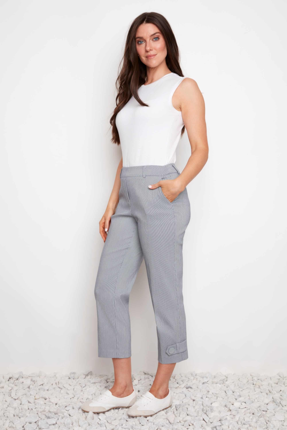 Up! Slim Leg Crop Pant in Navy and White Stripe