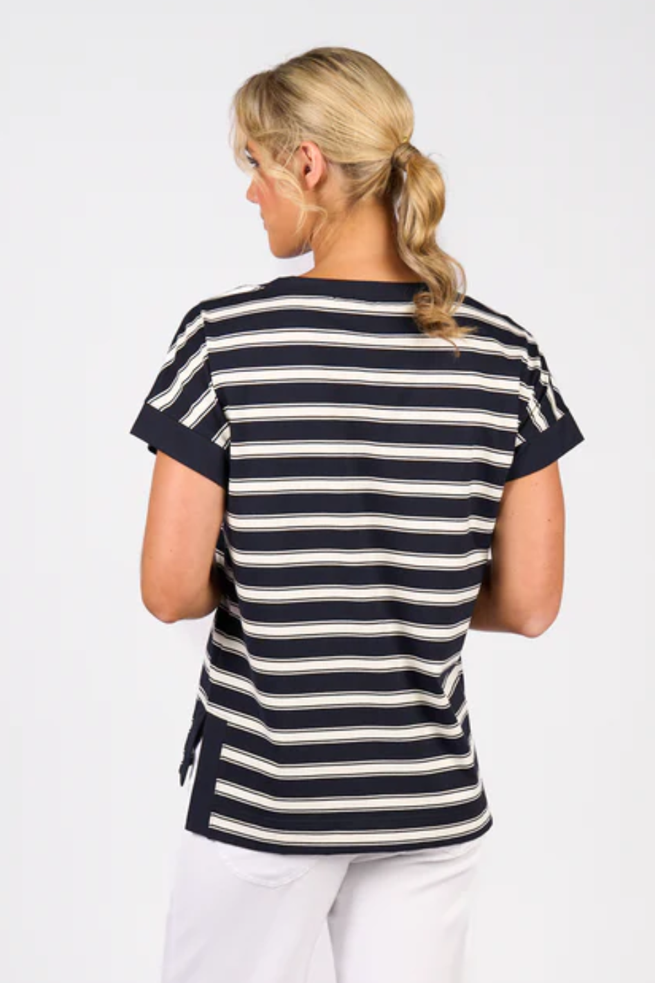 Vassalli Drop Sleeve Top with Stepped Hem in Ink Stripe