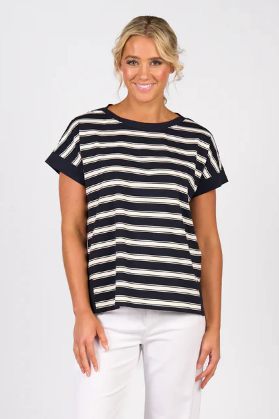 Vassalli Drop Sleeve Top with Stepped Hem in Ink Stripe