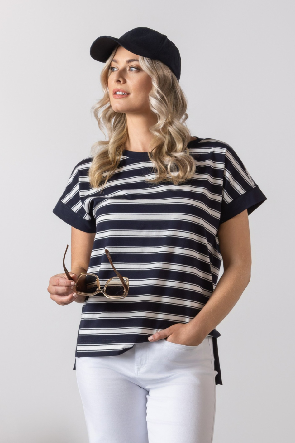 Vassalli Drop Sleeve Top with Stepped Hem in Ink Stripe