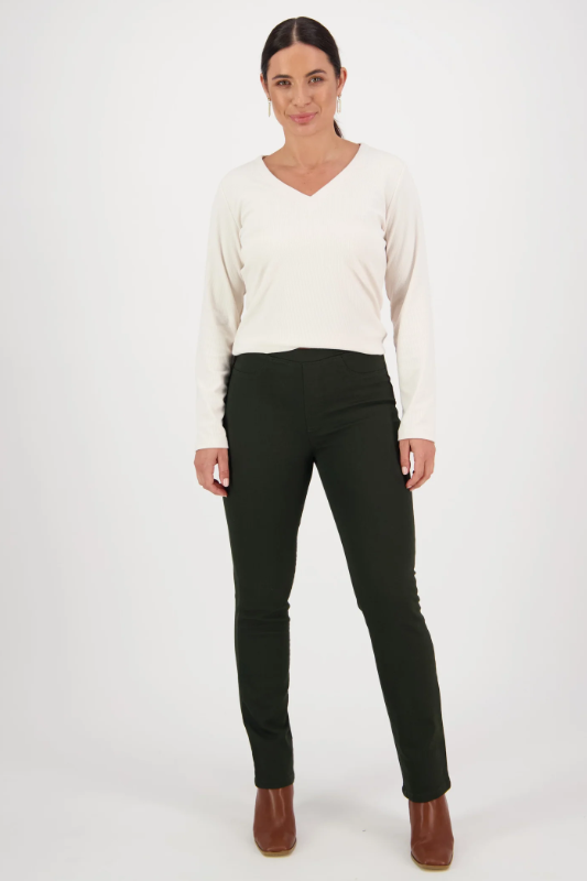 Vassalli Slim Leg Full Length Knit Denim Pull On in Forest