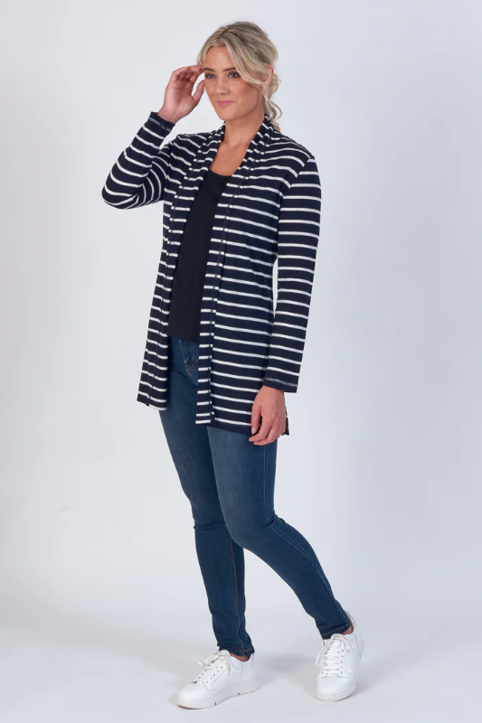 Vassalli 100% Merino Longline Relaxed Open Cardi | Ink Stripe