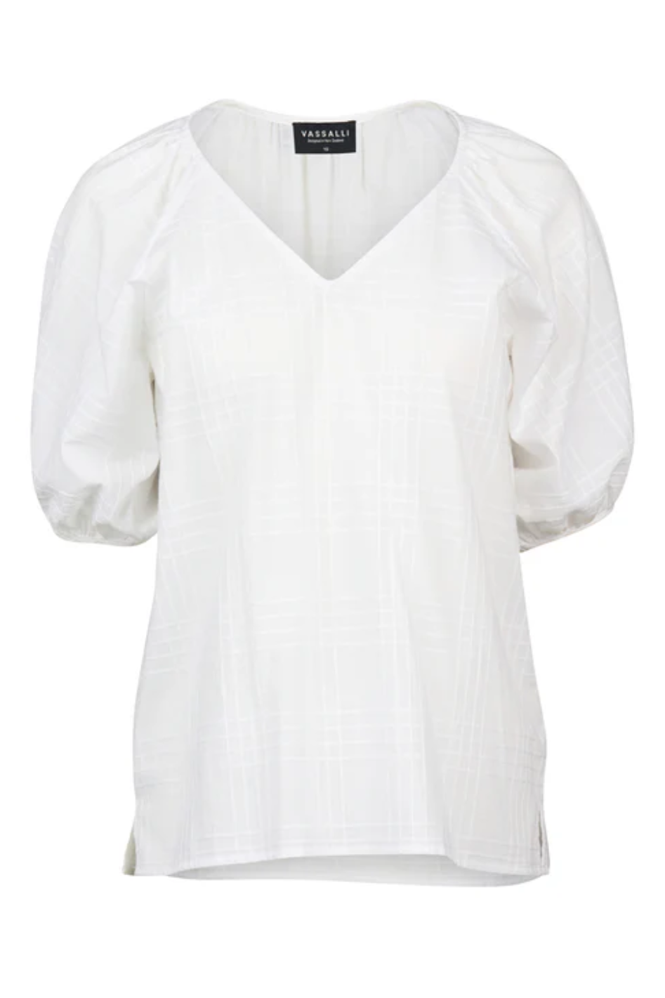 Vassalli Plain V Neck Top | White Check | 4454