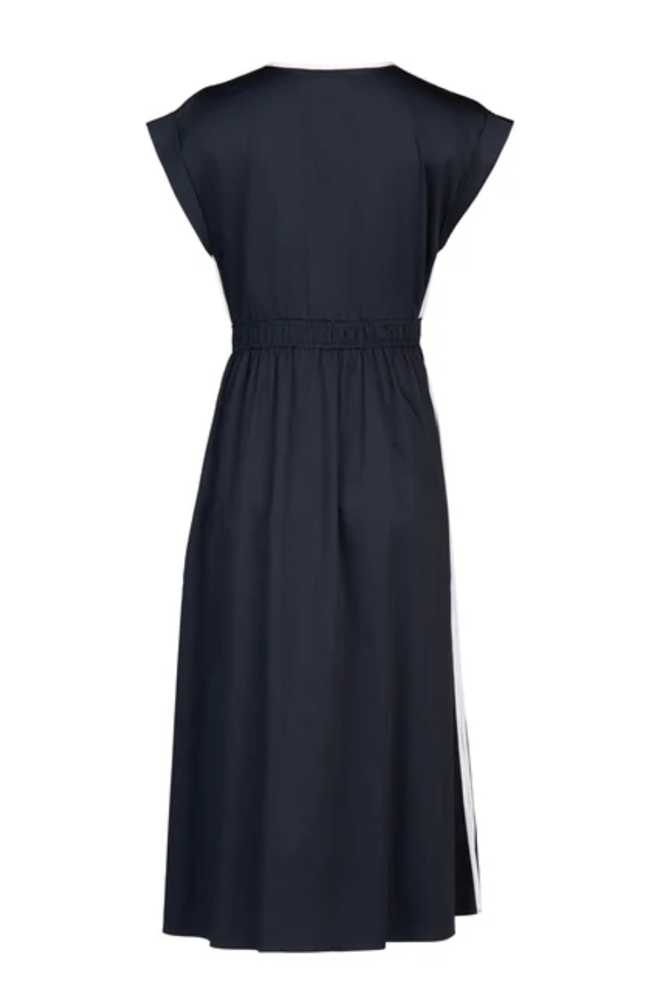 Vassalli V Neck Shirred Waist Dress with Contrast Trim in Ink/White