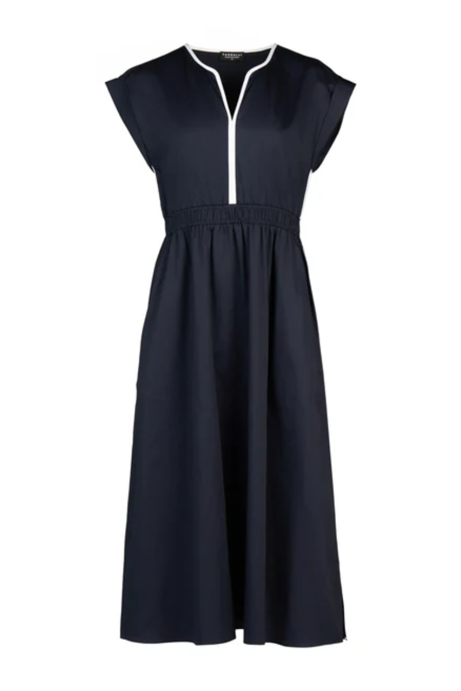 Vassalli V Neck Shirred Waist Dress with Contrast Trim in Ink/White