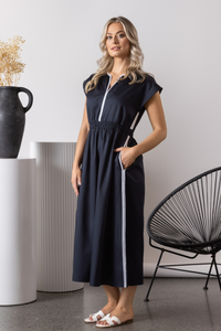 Vassalli V Neck Shirred Waist Dress with Contrast Trim | Ink/White | 6118