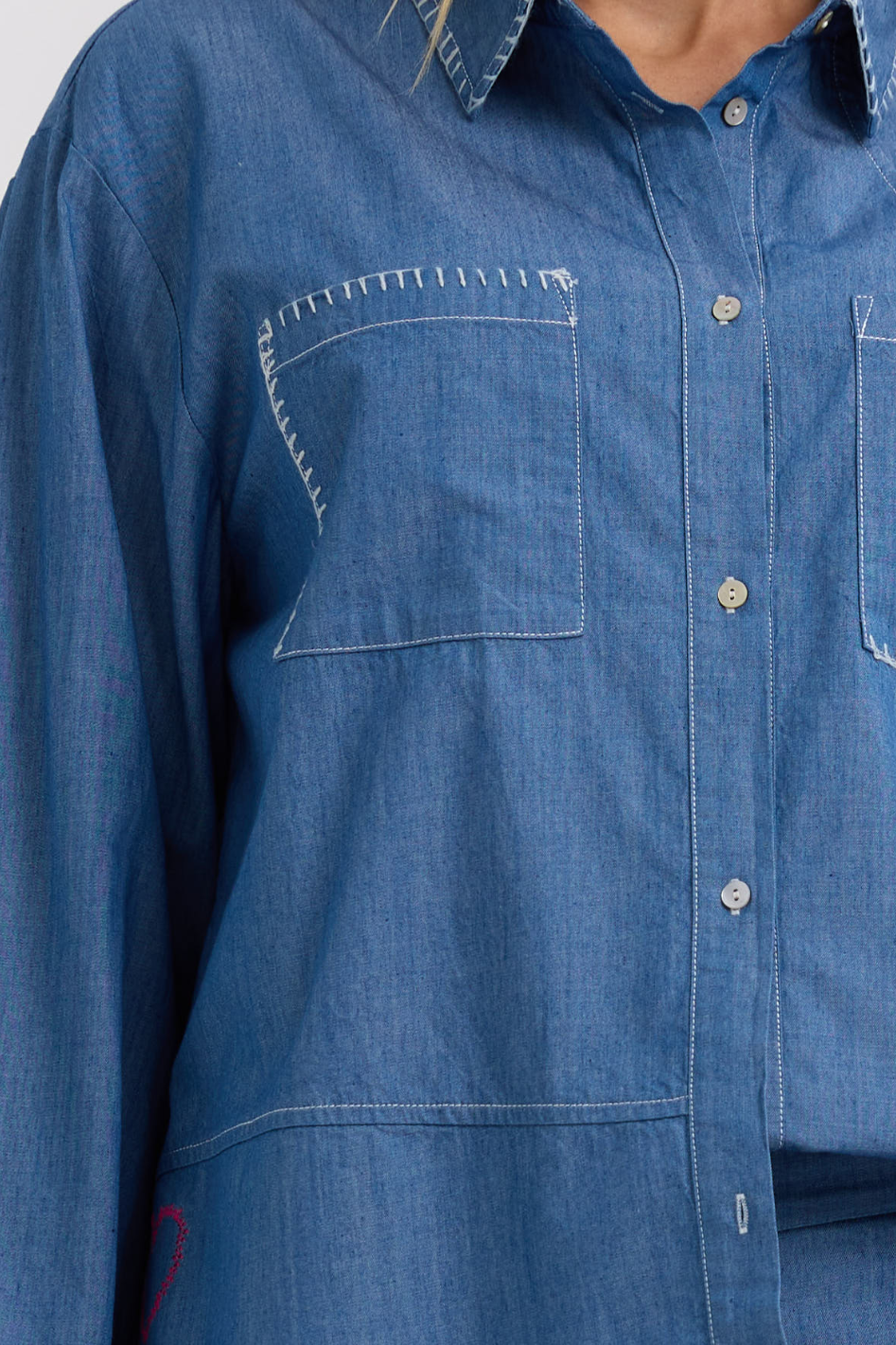 Zaket and Plover Hand Work Denim Shirt in Washed Denim