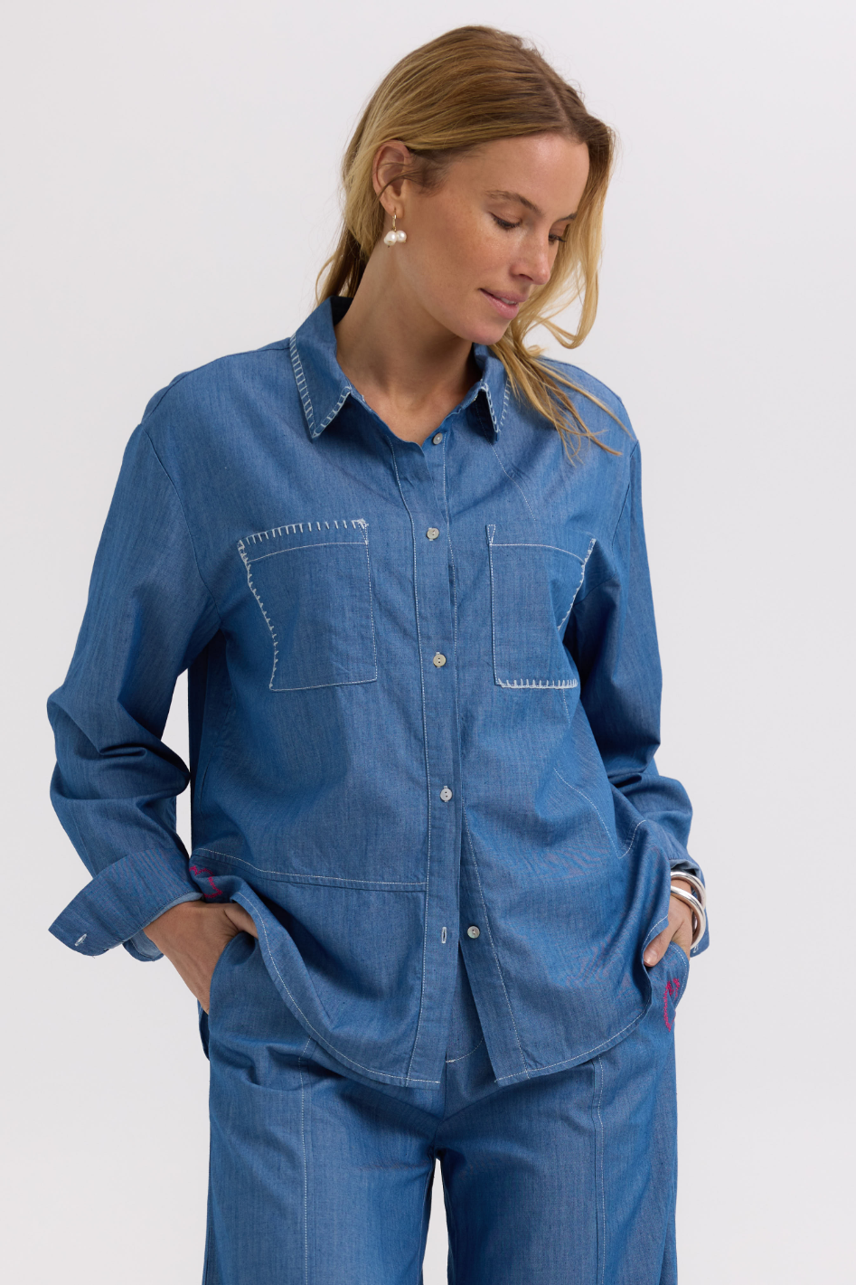 Zaket and Plover Hand Work Denim Shirt in Washed Denim