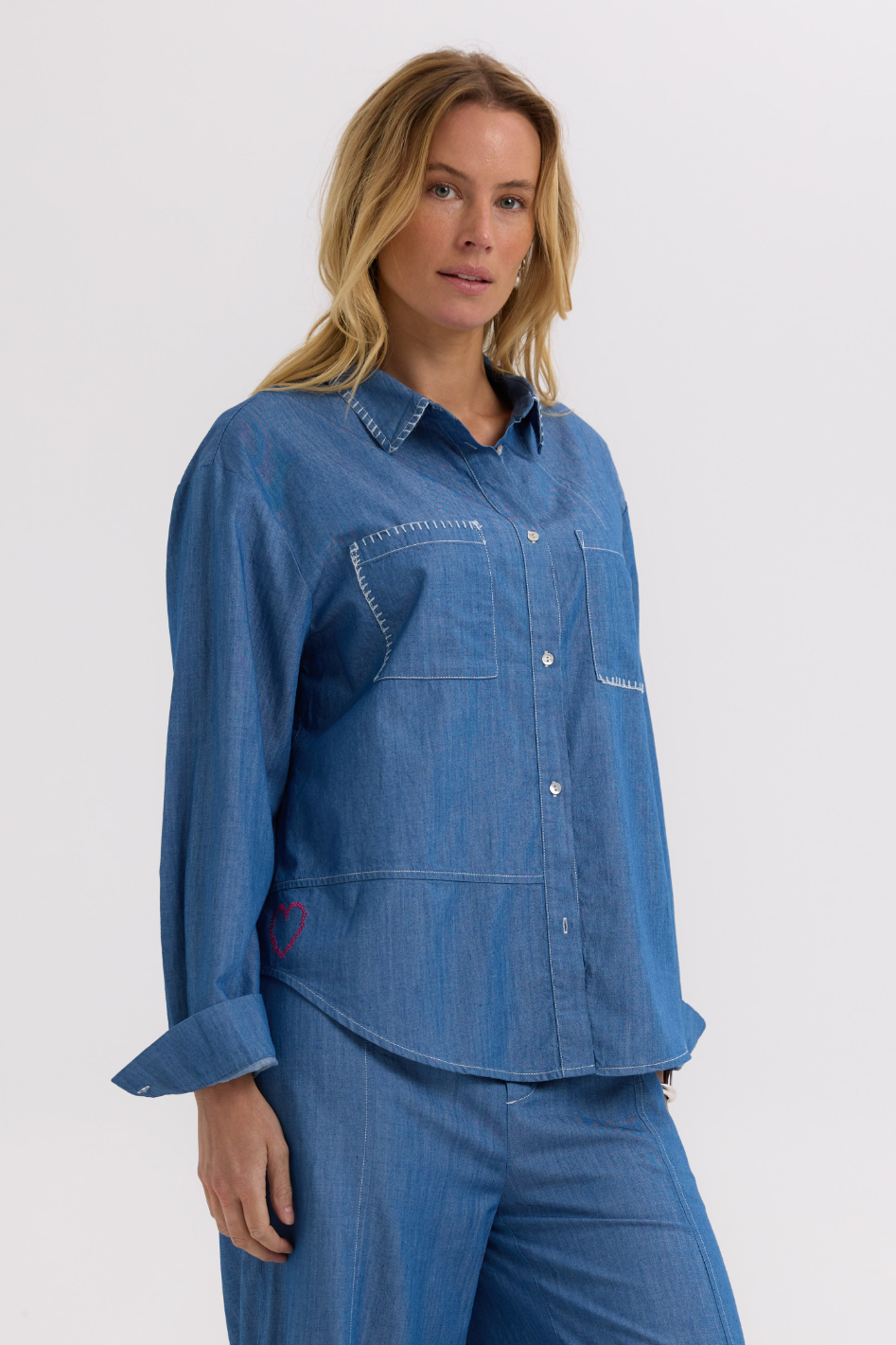 Zaket and Plover Hand Work Denim Shirt in Washed Denim