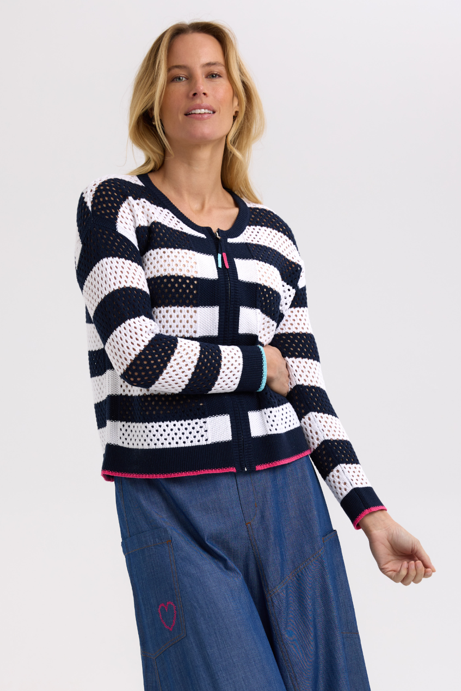 Zaket and Plover Pointelle Zip Cardi | Navy