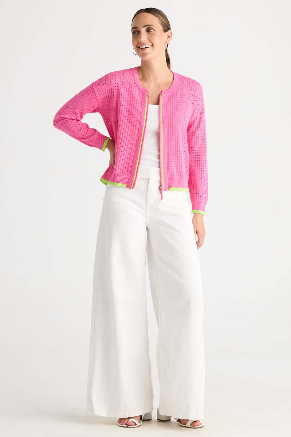 Zaket and Plover Pointelle Zip Cardi in Pop Pink