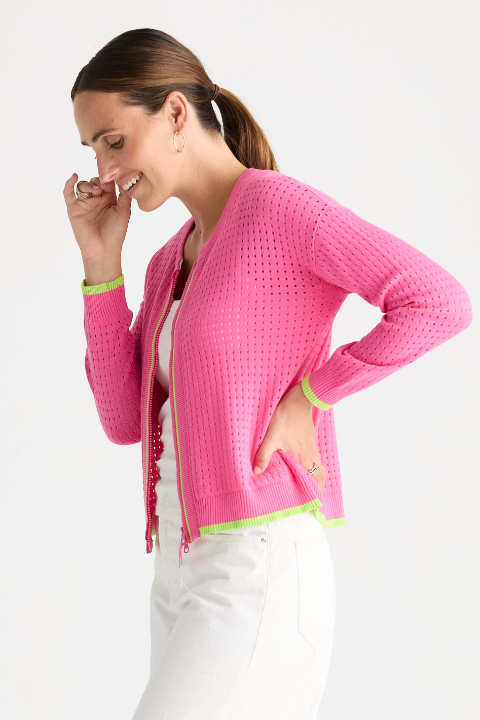 Zaket and Plover Pointelle Zip Cardi in Pop Pink