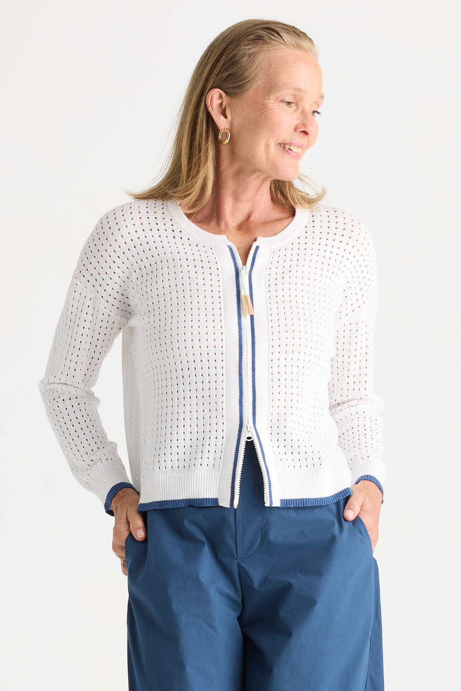 Zaket and Plover Pointelle Zip Cardi in White