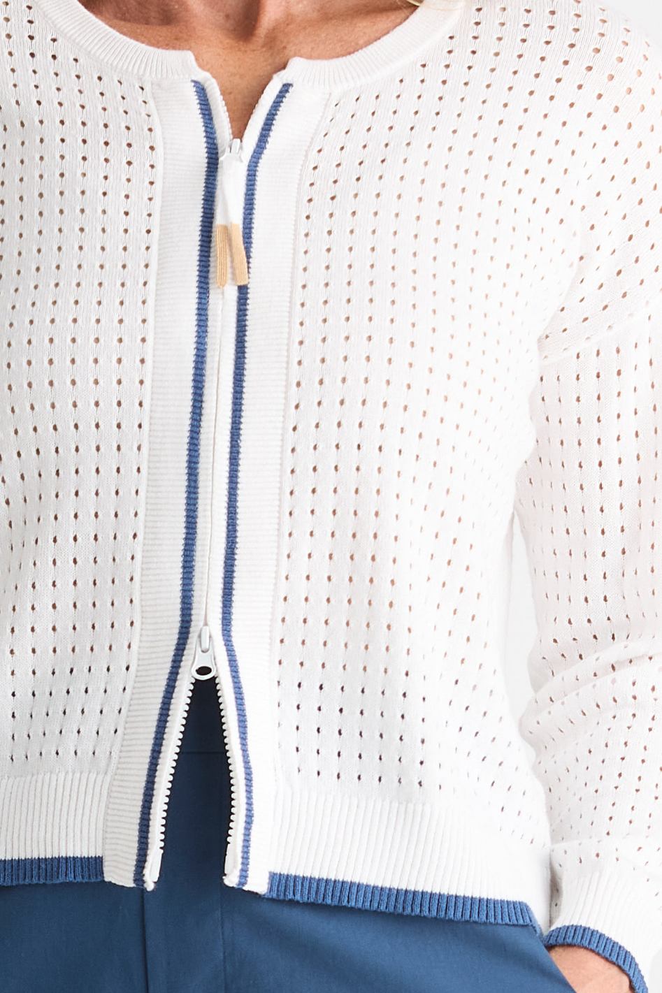 Zaket and Plover Pointelle Zip Cardi in White