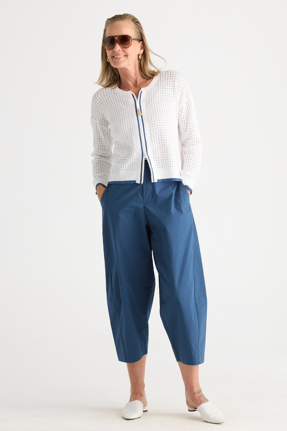 Zaket and Plover Pointelle Zip Cardi in White