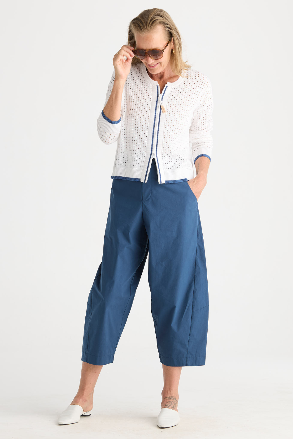 Zaket and Plover Pointelle Zip Cardi in White