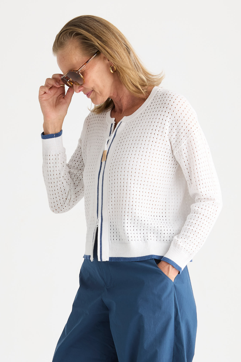 Zaket and Plover Pointelle Zip Cardi in White