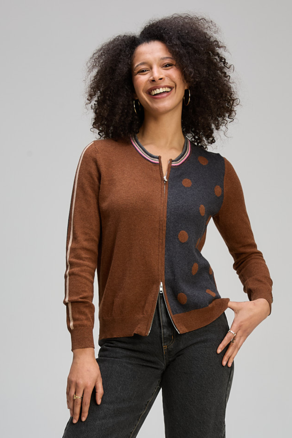 Zaket and Plover Stripe Spot Zip Up in Coffee