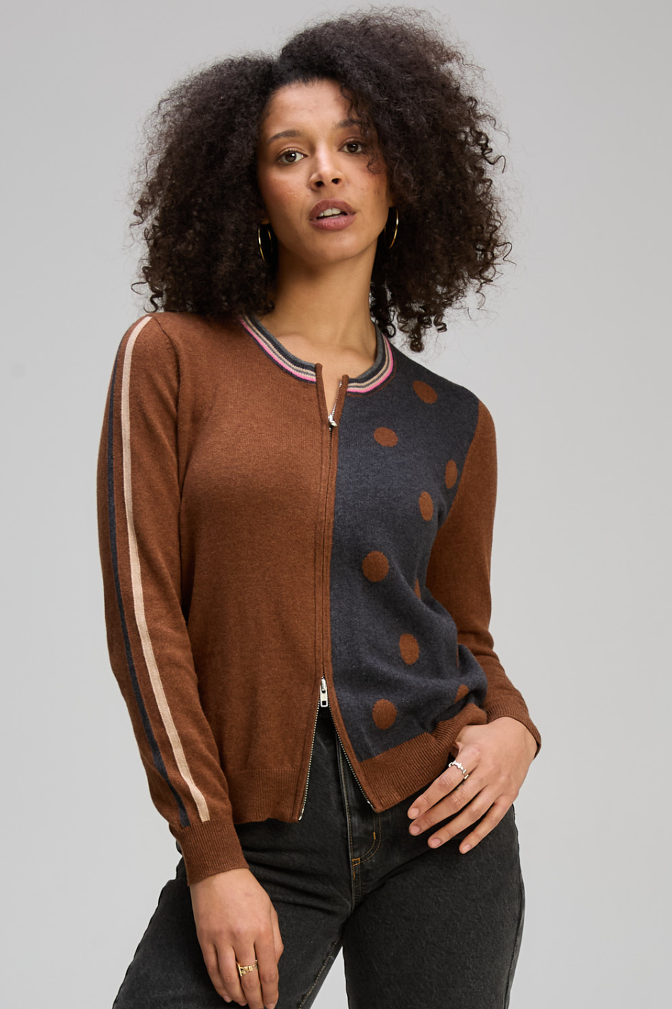 Zaket and Plover Stripe Spot Zip Up in Coffee