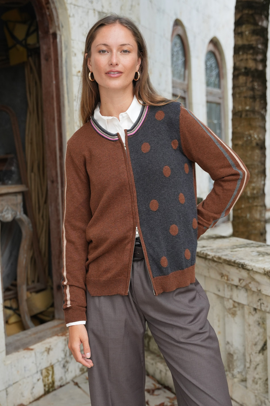 Zaket and Plover Stripe Spot Zip Up in Coffee