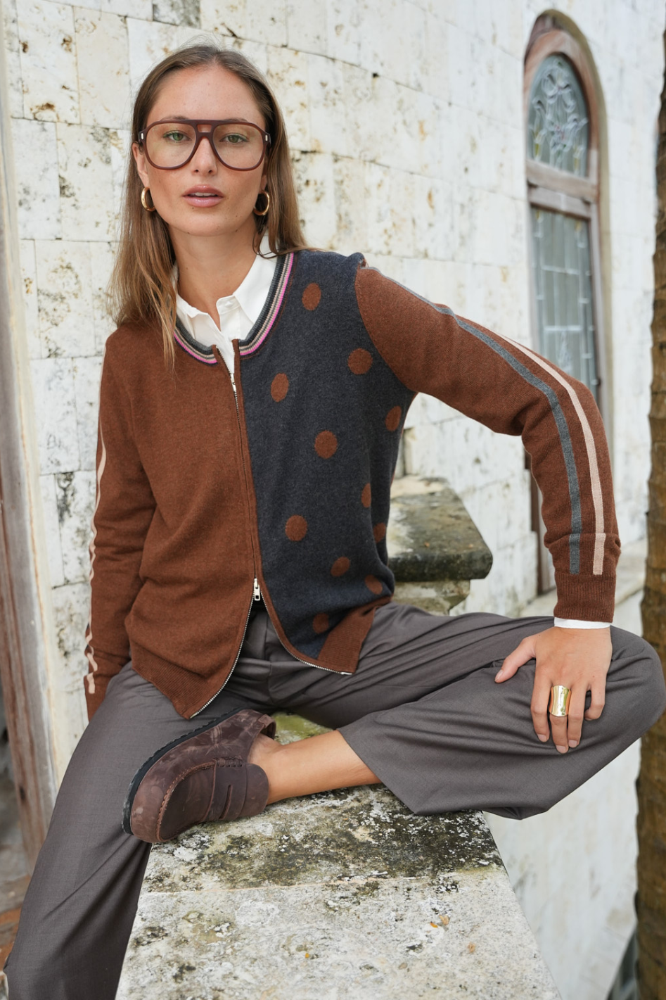 Zaket and Plover Stripe Spot Zip Up in Coffee